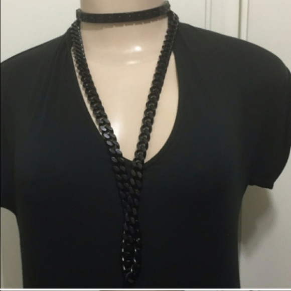 Burberry Collection black chain link w/ genuine leather. Long necklace - Picture 1 of 5